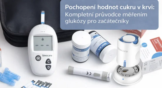 Sada na měření cukru v krvi s glukometrem a testovacími proužky.
