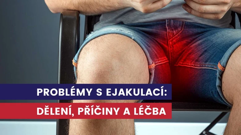 Muž sedí s bolestí v oblasti genitálií, červené zvýraznění.