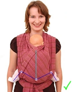 Žena drží miminko v nosiči správnou ergonomickou pozicí.