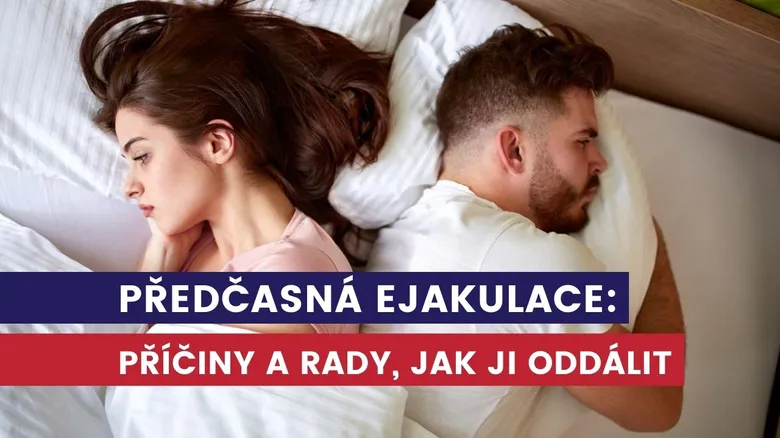 Muž a žena leží zády k sobě v posteli s textem o předčasné ejakulaci.