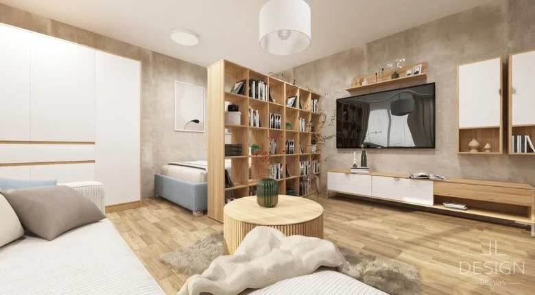 Moderní obývací pokoj rozdělený vysokým dřevěným knihovním skříním bez stěn.