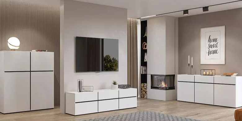 Moderní obývací pokoj s rozdělením pomocí nábytku a architektonických prvků bez zdí.
