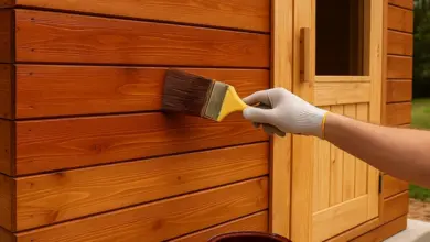 Ruka v rukavici maluje dřevěnou zeď venkovní sauny štětcem.