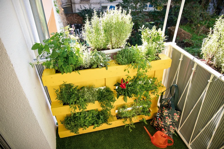 Žlutý paletový květináč s bylinkami na slunci pro balkon.
