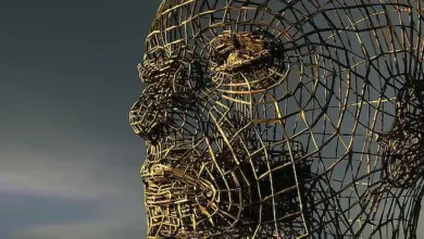 Sculptura lidské hlavy z drátů na pozadí oblohy.