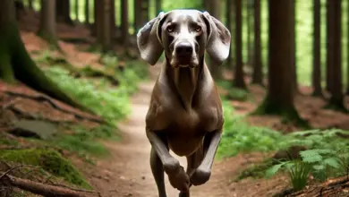 Weimaraner pes běží po lesní cestě v zeleném lese.