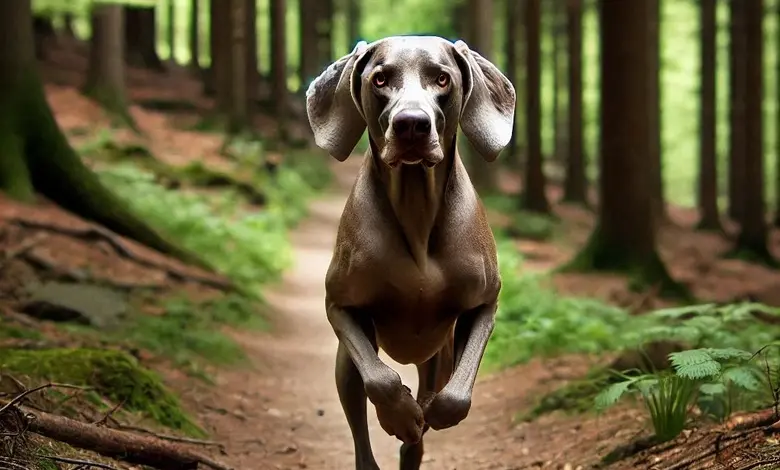Weimaraner pes běží po lesní cestě v zeleném lese.